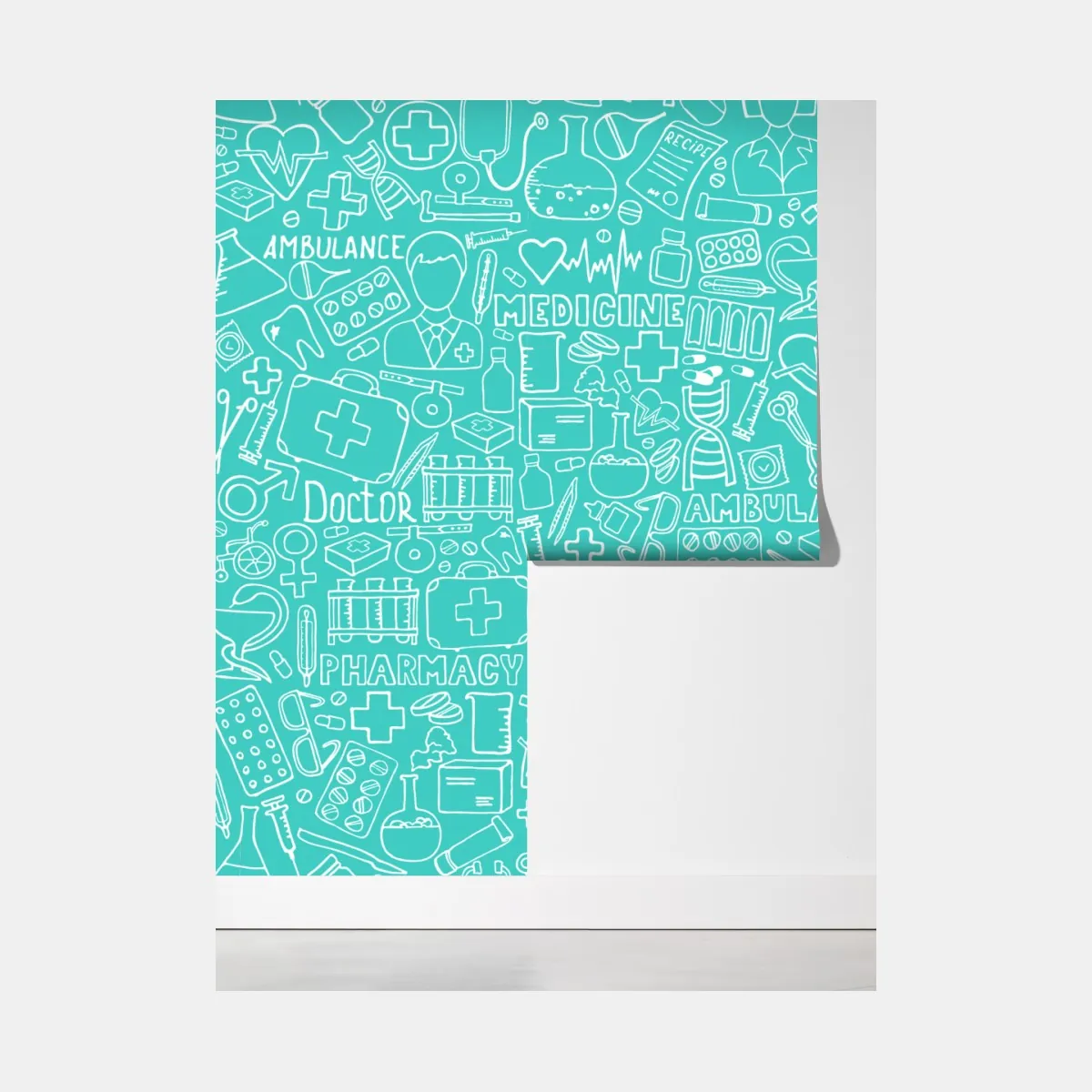 Fototapeta turkusowy wzór z ikonami medycznymi – Wallissimo® Fototapeta turkusowy wzór z ikonami medycznymi – Wallissimo®