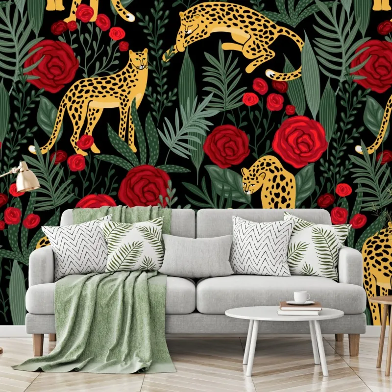 Fototapeta złote gepardy i czerwone róże