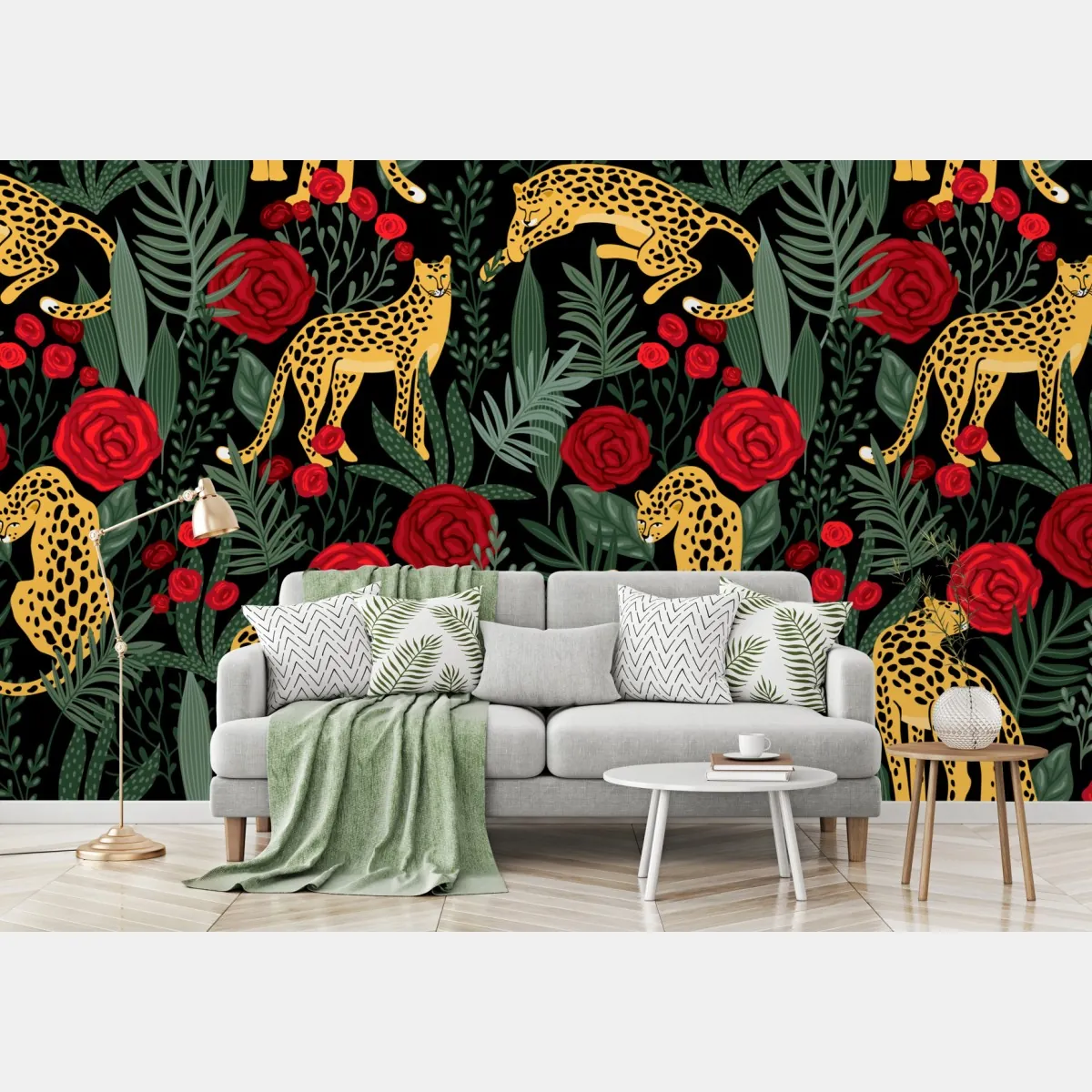 Fototapeta złote gepardy i czerwone róże – Wallissimo® Fototapeta złote gepardy i czerwone róże – Wallissimo®