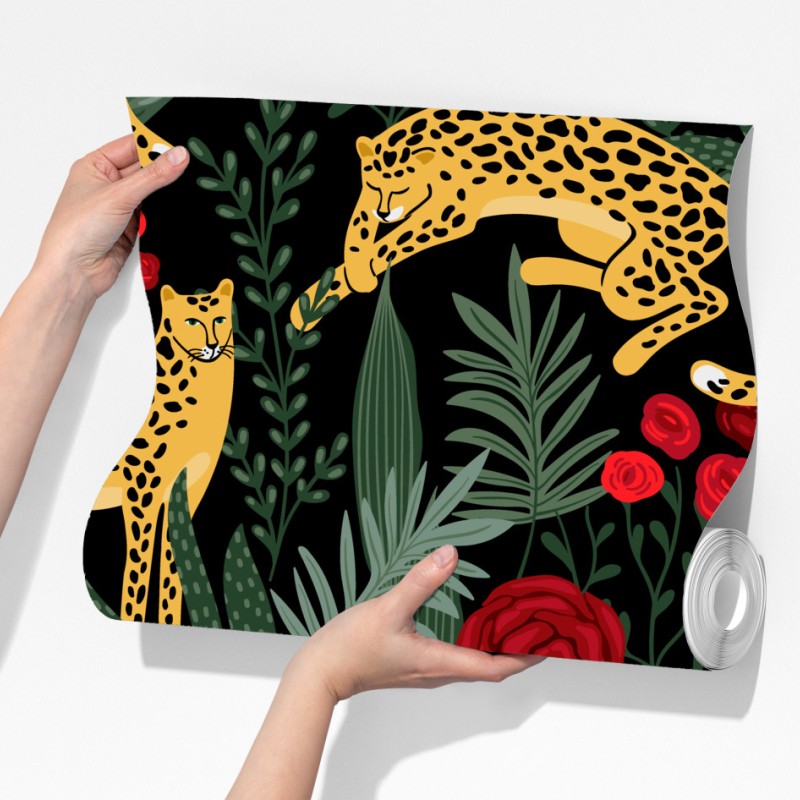 Fototapeta złote gepardy i czerwone róże – Wallissimo® Fototapeta złote gepardy i czerwone róże – Wallissimo®