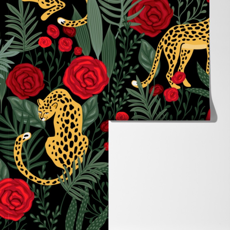 Fototapeta złote gepardy i czerwone róże – Wallissimo® Fototapeta złote gepardy i czerwone róże – Wallissimo®