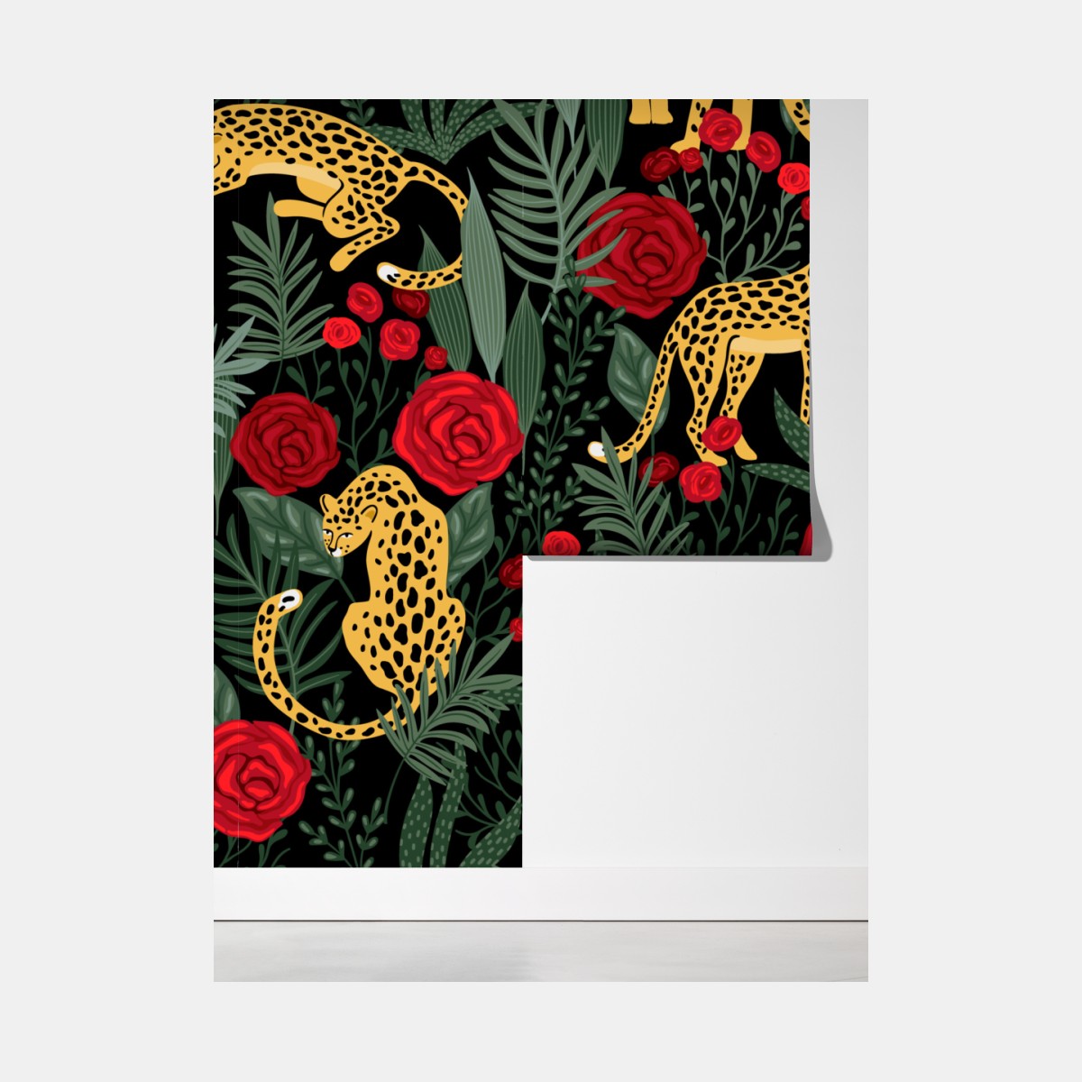 Fototapeta złote gepardy i czerwone róże – Wallissimo® Fototapeta złote gepardy i czerwone róże – Wallissimo®