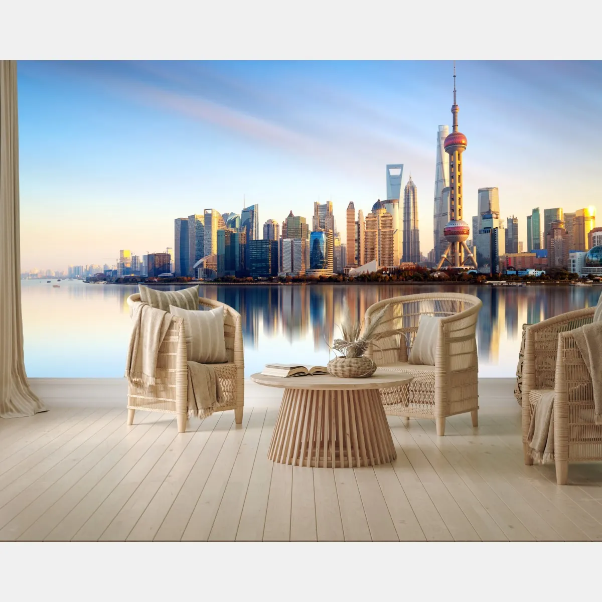 Fototapeta Szanghaj linia horyzontu nad wodą – Wallissimo® Fototapeta Szanghaj linia horyzontu nad wodą – Wallissimo®