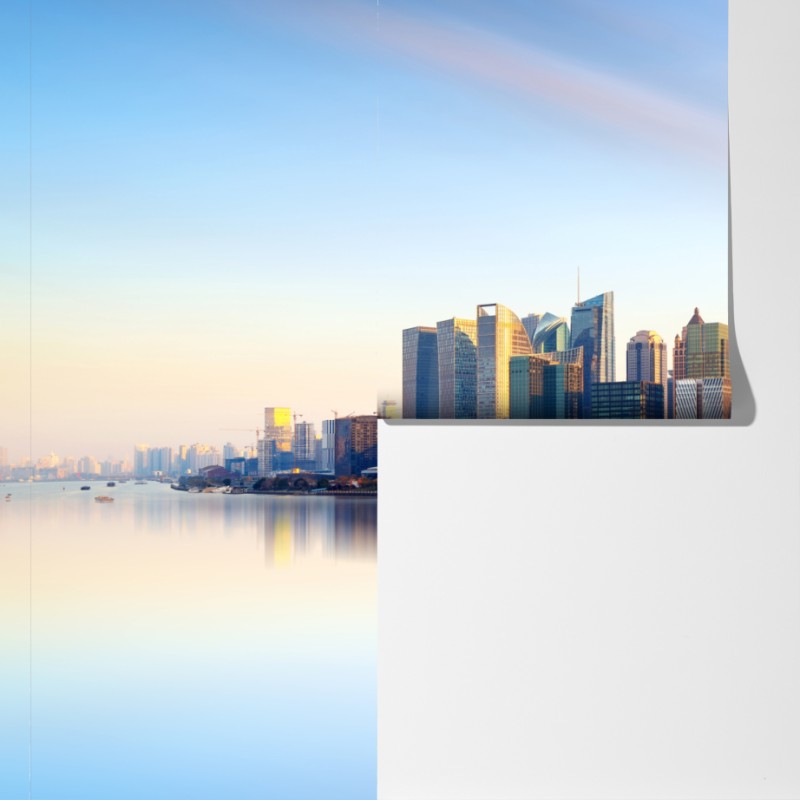 Fototapeta Szanghaj linia horyzontu nad wodą – Wallissimo® Fototapeta Szanghaj linia horyzontu nad wodą – Wallissimo®
