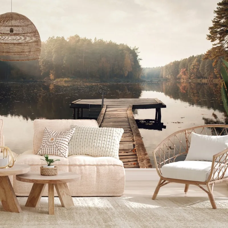 Fototapeta jesienne przedpołudnie nad jeziorem z pomostem