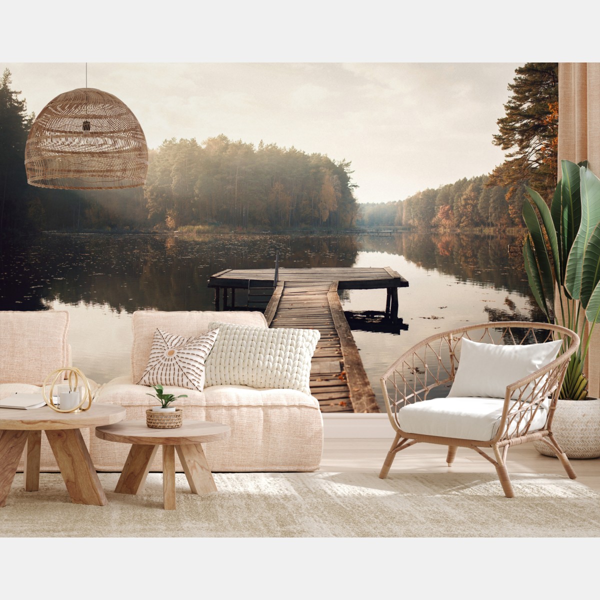 Wall mural autumn morning at the lakeside dock