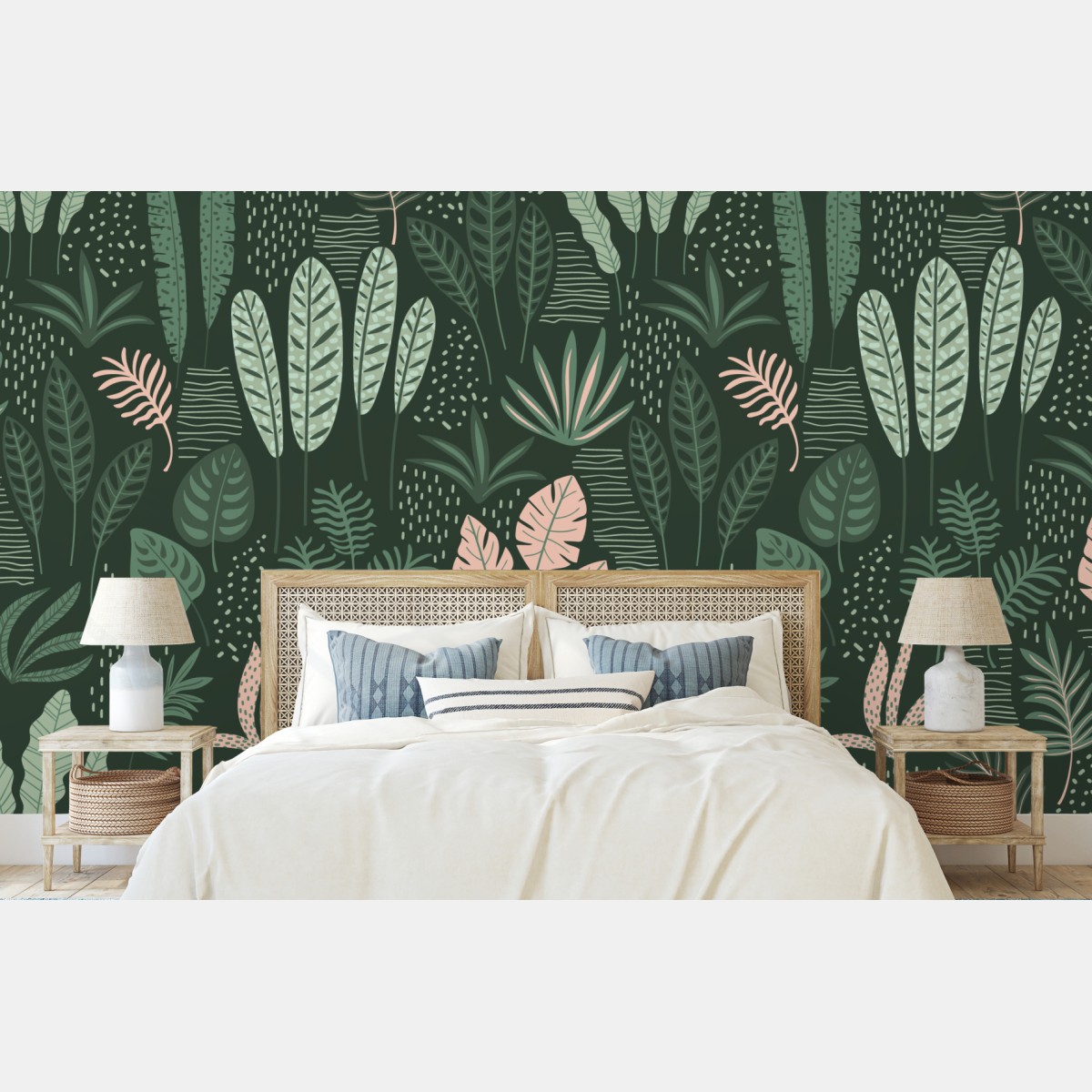Wall mural tropical leaf pattern in muted greens and pink