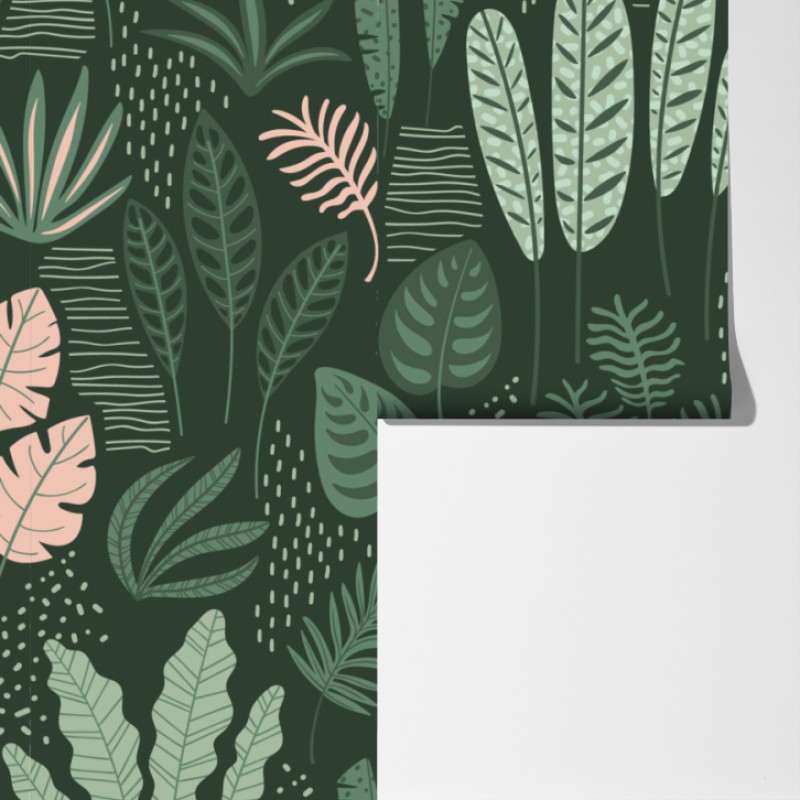Fototapeta tropikalny wzór liści w stonowanej zieleni i różu – Wallissimo® Fototapeta tropikalny wzór liści w stonowanej zieleni i różu – Wallissimo®