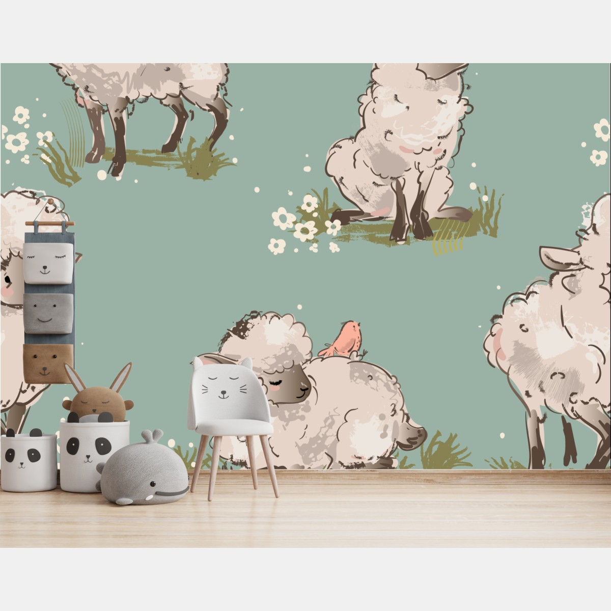 Wall mural cute lambs pattern on turquoise background