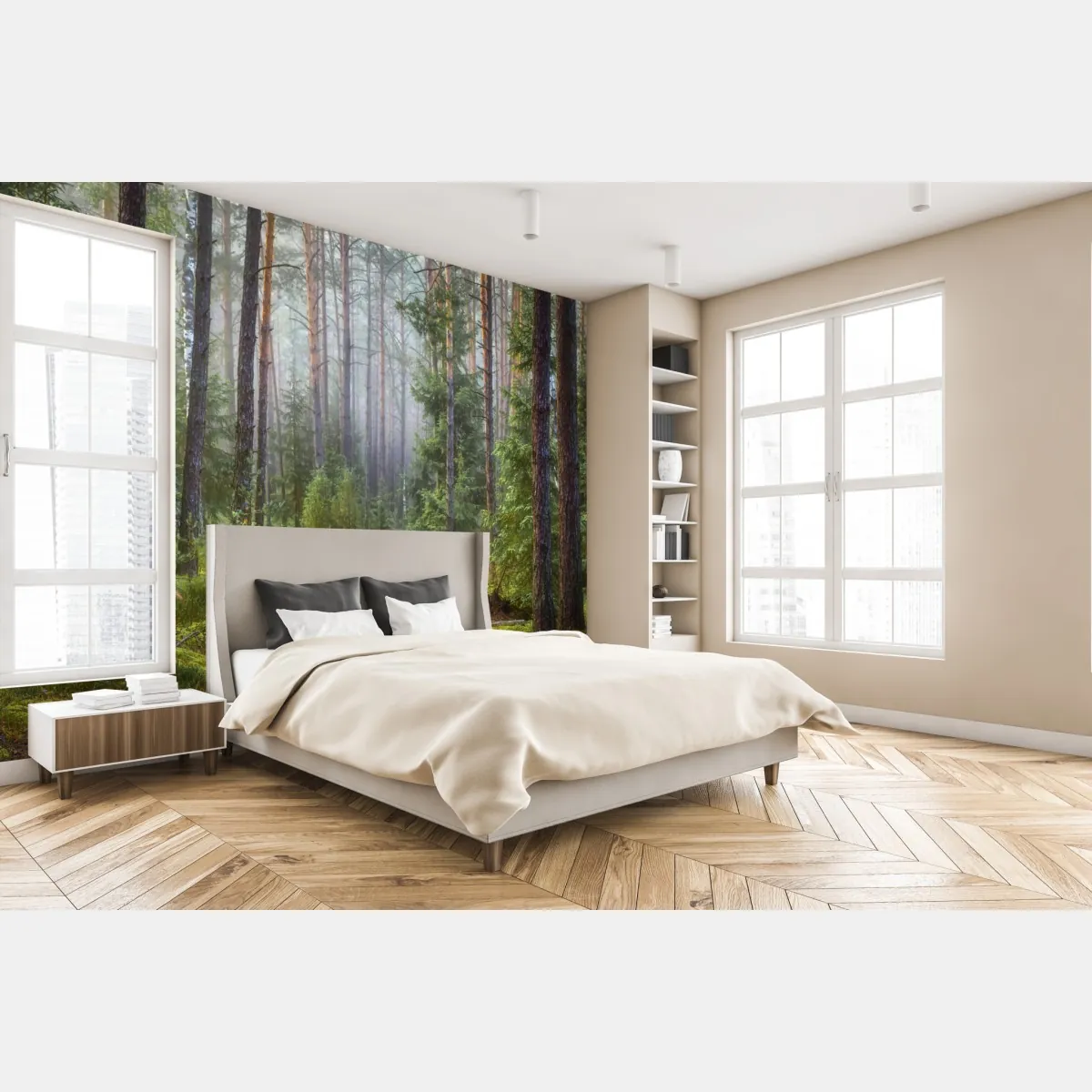 Fototapeta mglisty sosnowy las z ścieżką – Wallissimo® Fototapeta mglisty sosnowy las z ścieżką – Wallissimo®