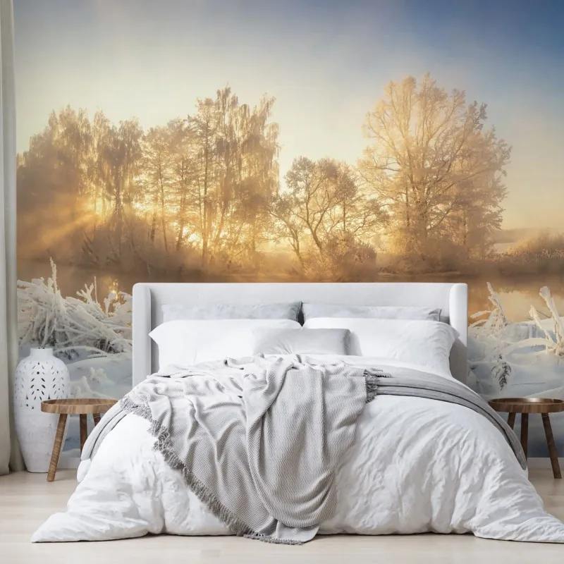 Fototapeta złoty zimowy wschód słońca nad mroźną rzeką