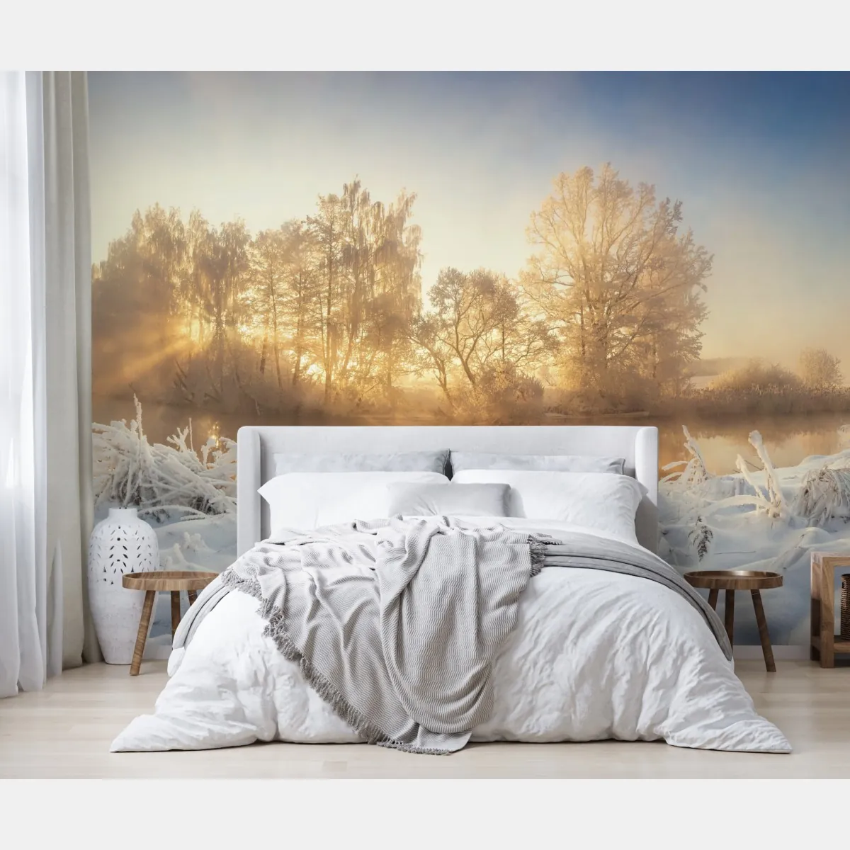 Fototapeta złoty zimowy wschód słońca nad mroźną rzeką – Wallissimo® Fototapeta złoty zimowy wschód słońca nad mroźną rzeką – Wallissimo®