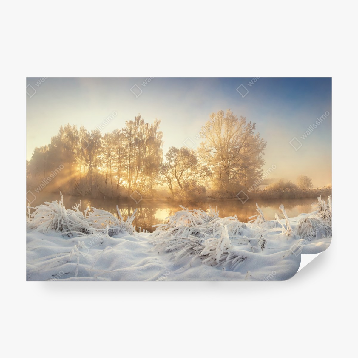 Fototapeta złoty zimowy wschód słońca nad mroźną rzeką – Wallissimo® Fototapeta złoty zimowy wschód słońca nad mroźną rzeką – Wallissimo®