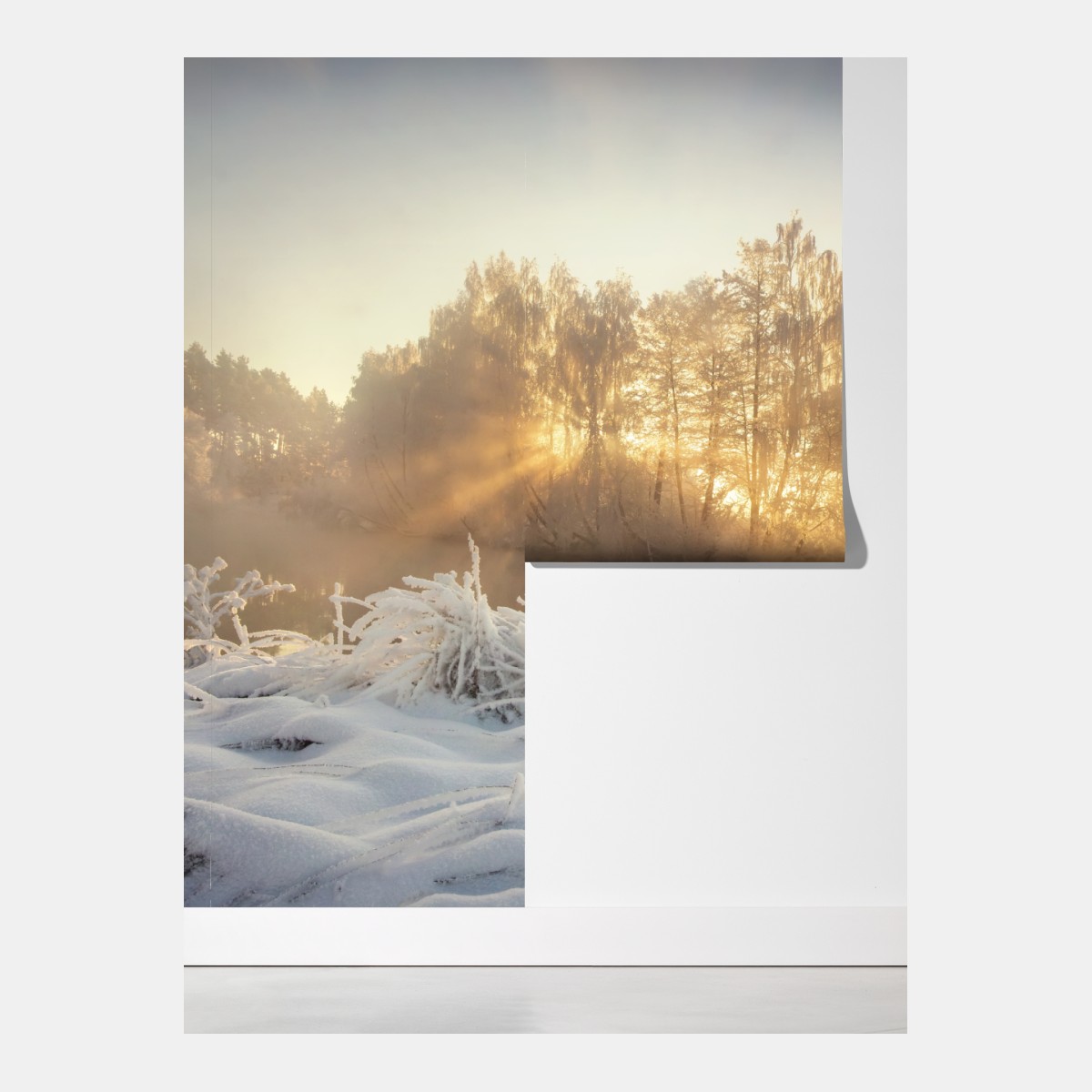 Fototapeta złoty zimowy wschód słońca nad mroźną rzeką – Wallissimo® Fototapeta złoty zimowy wschód słońca nad mroźną rzeką – Wallissimo®