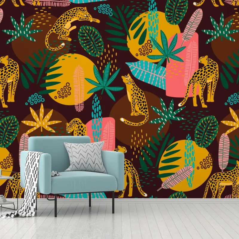 Fototapeta tropikalny wzór z gepardami i żywą roślinnością