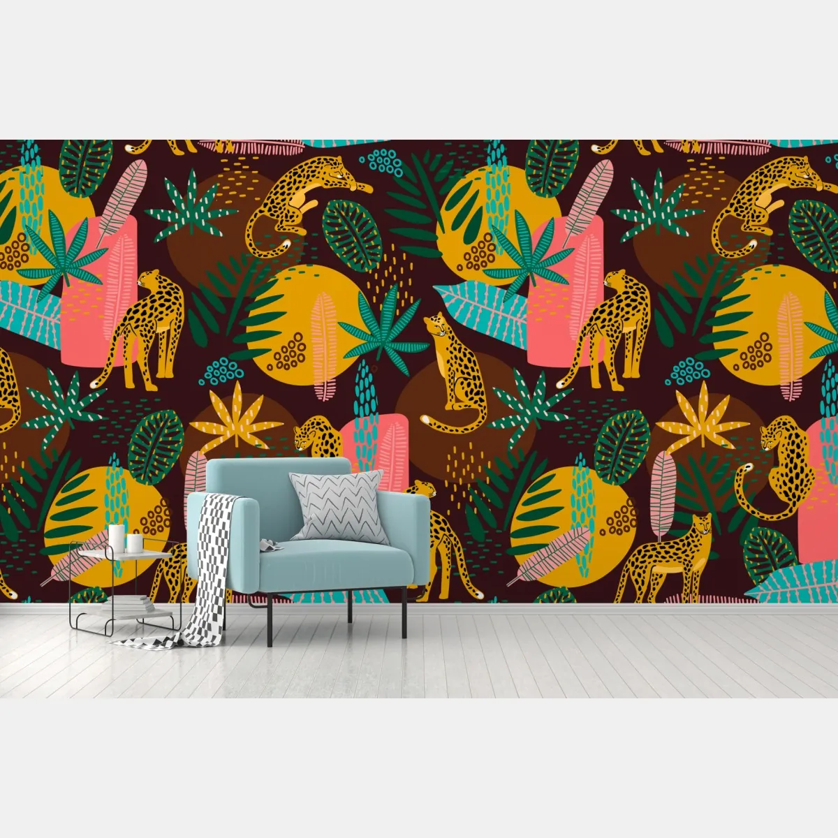 Fototapeta tropikalny wzór z gepardami i żywą roślinnością – Wallissimo® Fototapeta tropikalny wzór z gepardami i żywą roślinnością – Wallissimo®