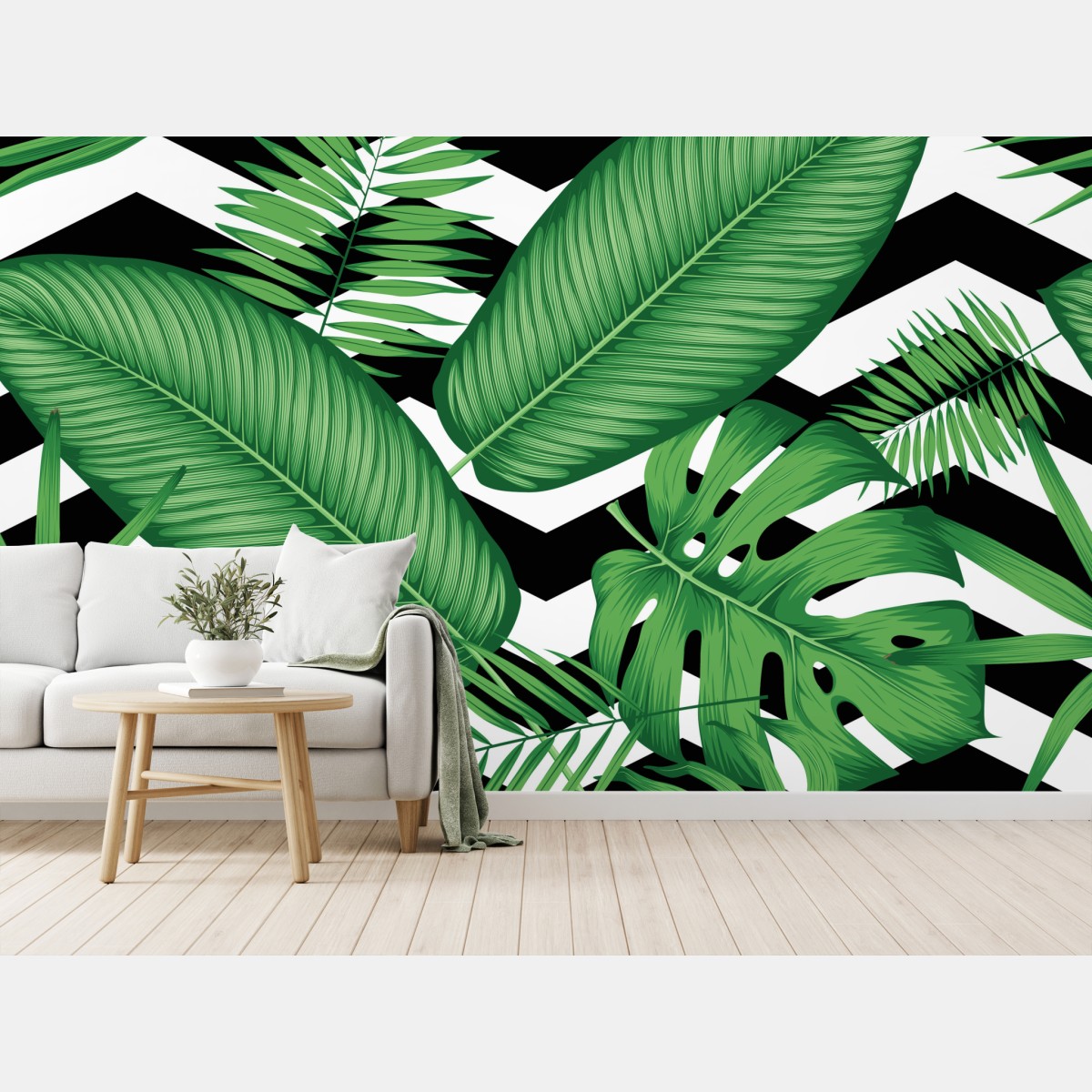 Wall mural tropical leaves pattern on chevron background