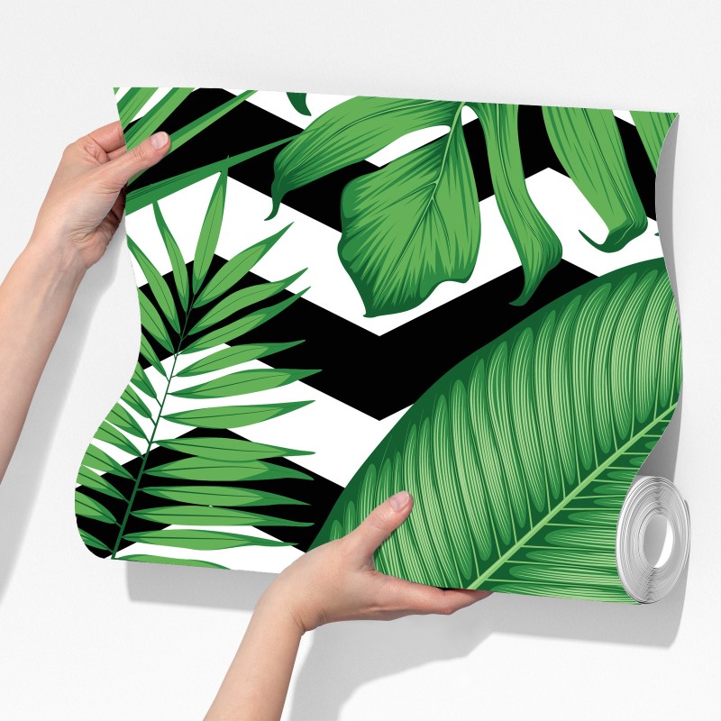 Fototapeta tropikalne liście na zygzakowatym tle – Wallissimo® Fototapeta tropikalne liście na zygzakowatym tle – Wallissimo®