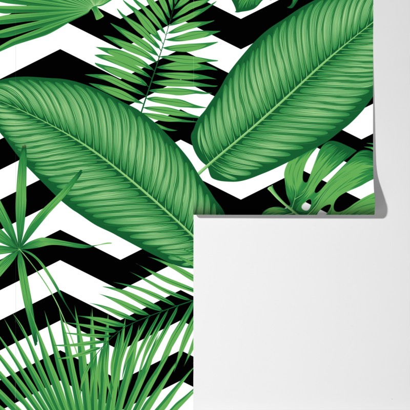 Fototapeta tropikalne liście na zygzakowatym tle – Wallissimo® Fototapeta tropikalne liście na zygzakowatym tle – Wallissimo®