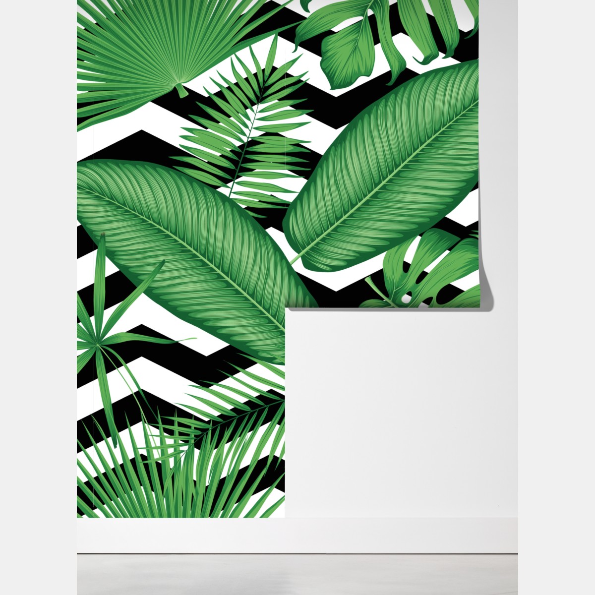 Fototapeta tropikalne liście na zygzakowatym tle – Wallissimo® Fototapeta tropikalne liście na zygzakowatym tle – Wallissimo®