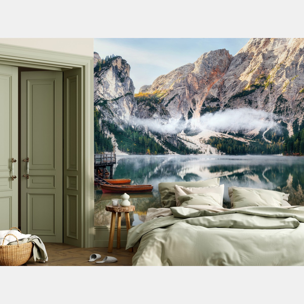 Wall mural misty alpine lake reflection