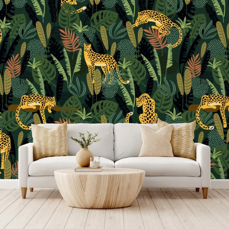 Fototapeta tropikalny wzór z lampartami – Wallissimo® Fototapeta tropikalny wzór z lampartami – Wallissimo®