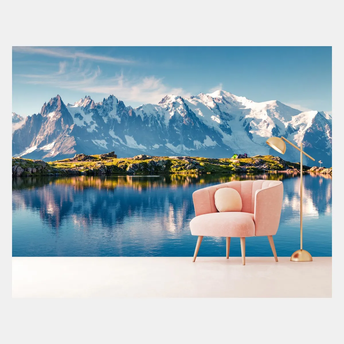 Fototapeta panorama Mont Blanc odbita w Lac Blanc – Wallissimo® Fototapeta panorama Mont Blanc odbita w Lac Blanc – Wallissimo®