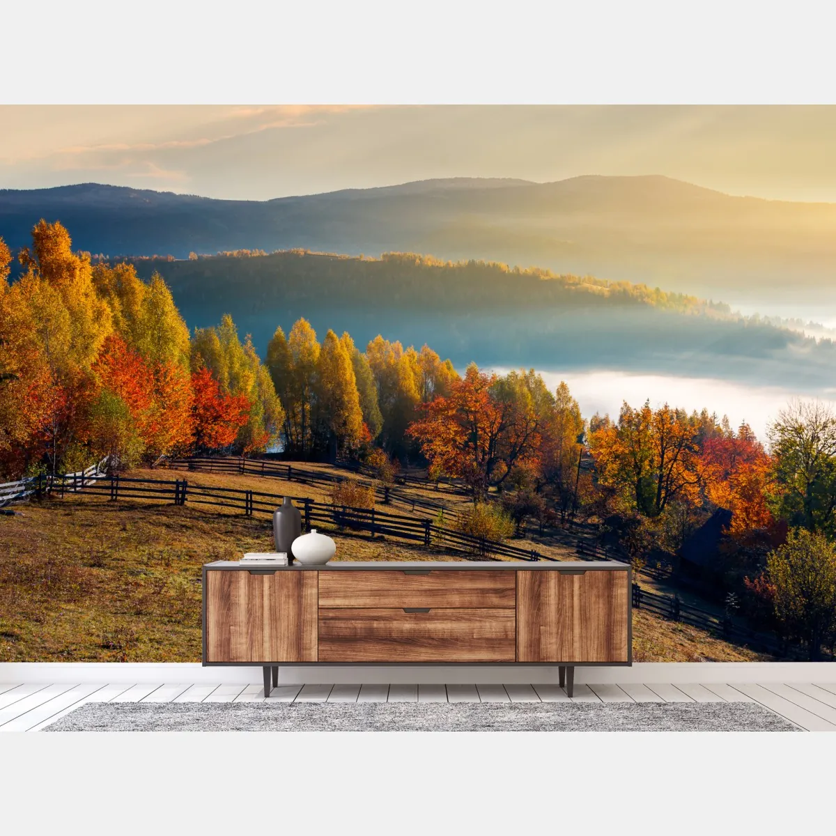 Fototapeta mglisty jesienny wschód słońca na wsi – Wallissimo® Fototapeta mglisty jesienny wschód słońca na wsi – Wallissimo®