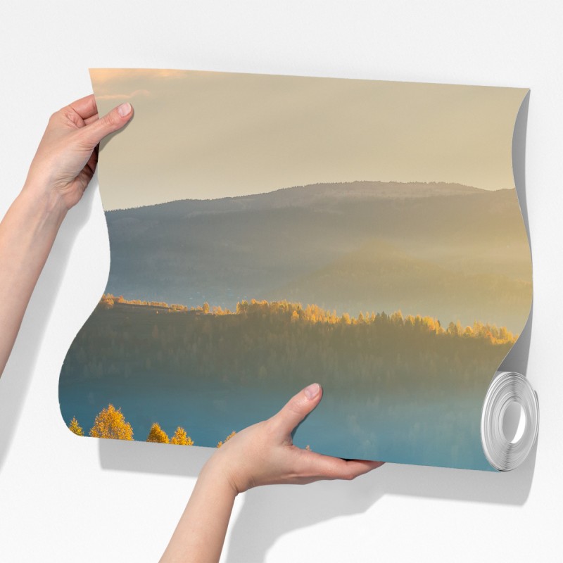 Fototapeta mglisty jesienny wschód słońca na wsi – Wallissimo® Fototapeta mglisty jesienny wschód słońca na wsi – Wallissimo®