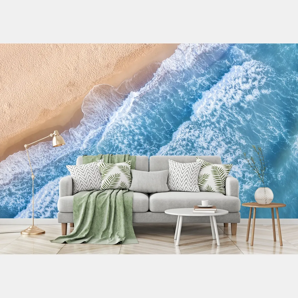 Fototapeta widok z lotu ptaka na turkusowe fale i piaszczystą plażę – Wallissimo® Fototapeta widok z lotu ptaka na turkusowe fale i piaszczystą plażę – Wallissimo®