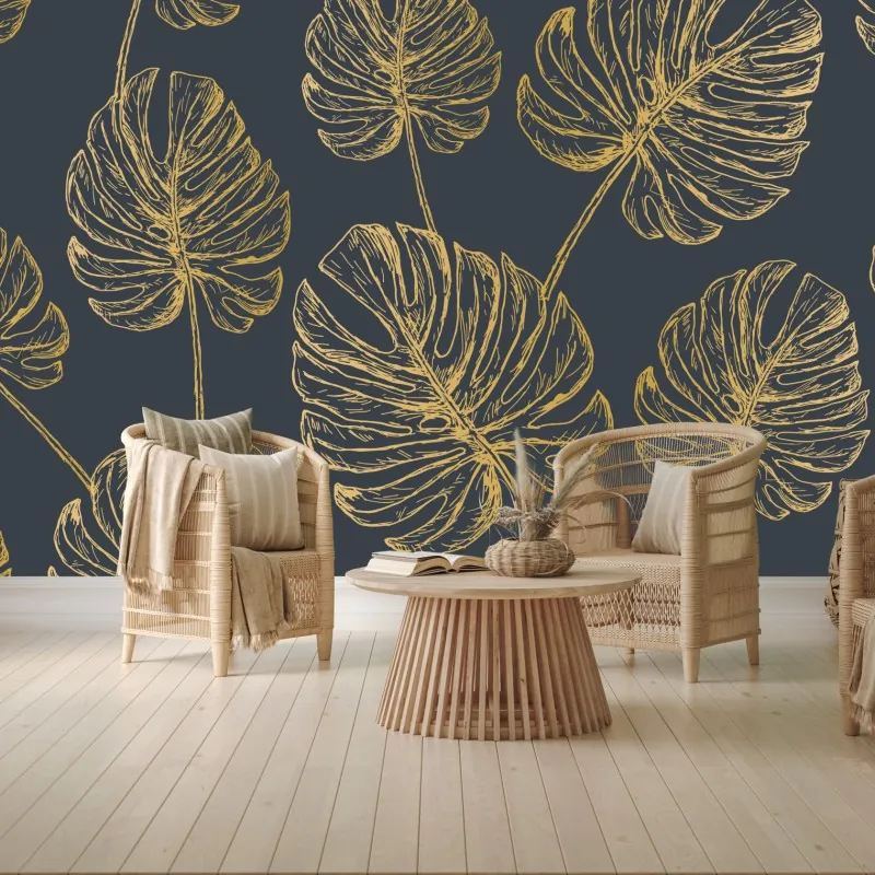 Fototapeta złote liście monstery na ciemnym tle – Wallissimo® Fototapeta złote liście monstery na ciemnym tle – Wallissimo®