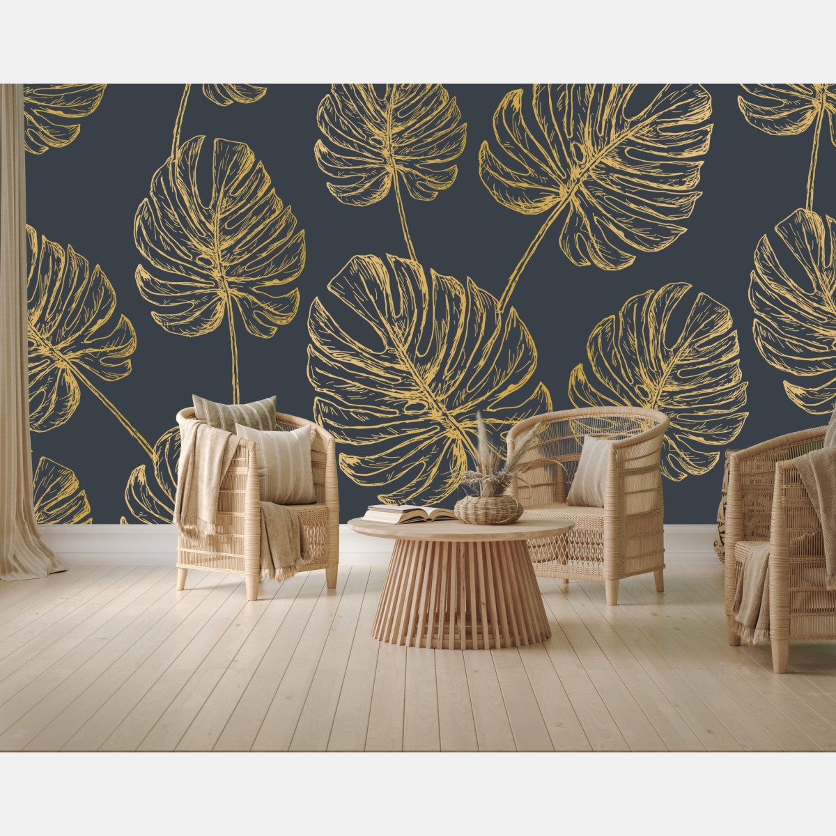 Wall mural gold monstera leaves on dark background