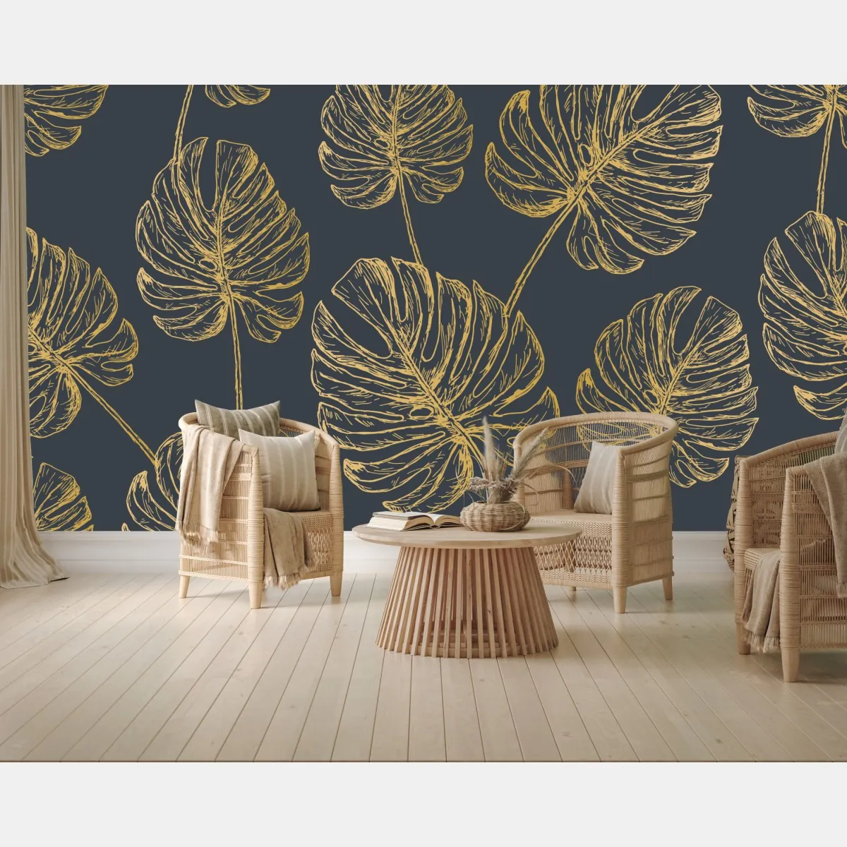 Fototapeta złote liście monstery na ciemnym tle – Wallissimo® Fototapeta złote liście monstery na ciemnym tle – Wallissimo®
