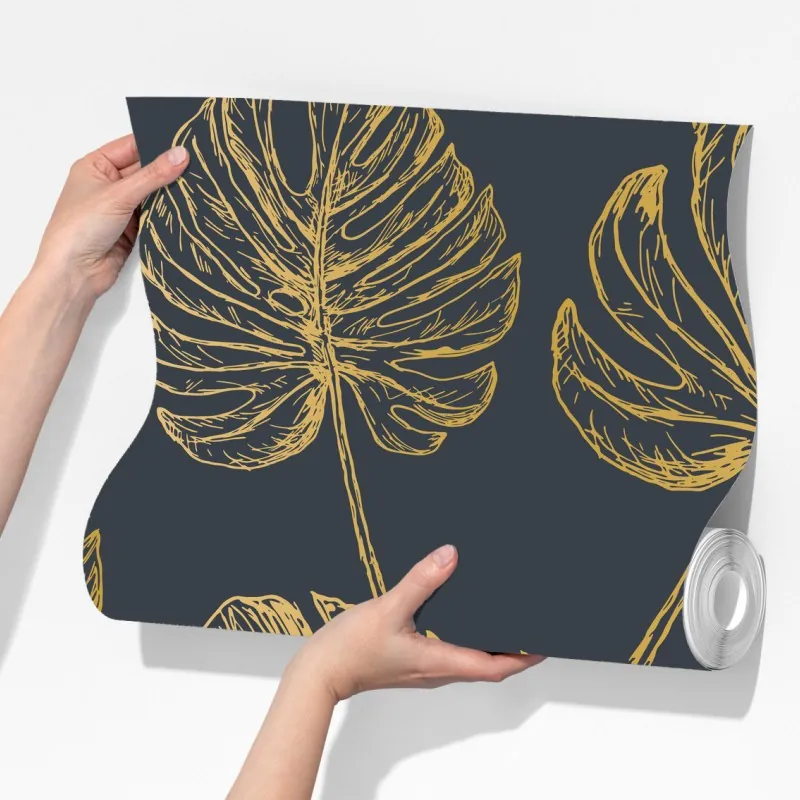 Fototapeta złote liście monstery na ciemnym tle – Wallissimo® Fototapeta złote liście monstery na ciemnym tle – Wallissimo®