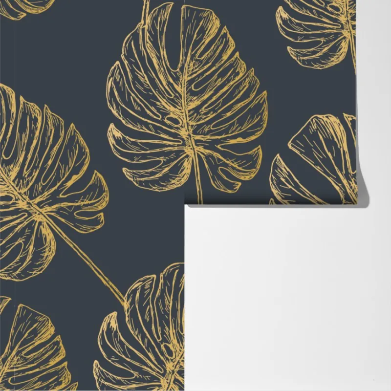 Fototapeta złote liście monstery na ciemnym tle – Wallissimo® Fototapeta złote liście monstery na ciemnym tle – Wallissimo®