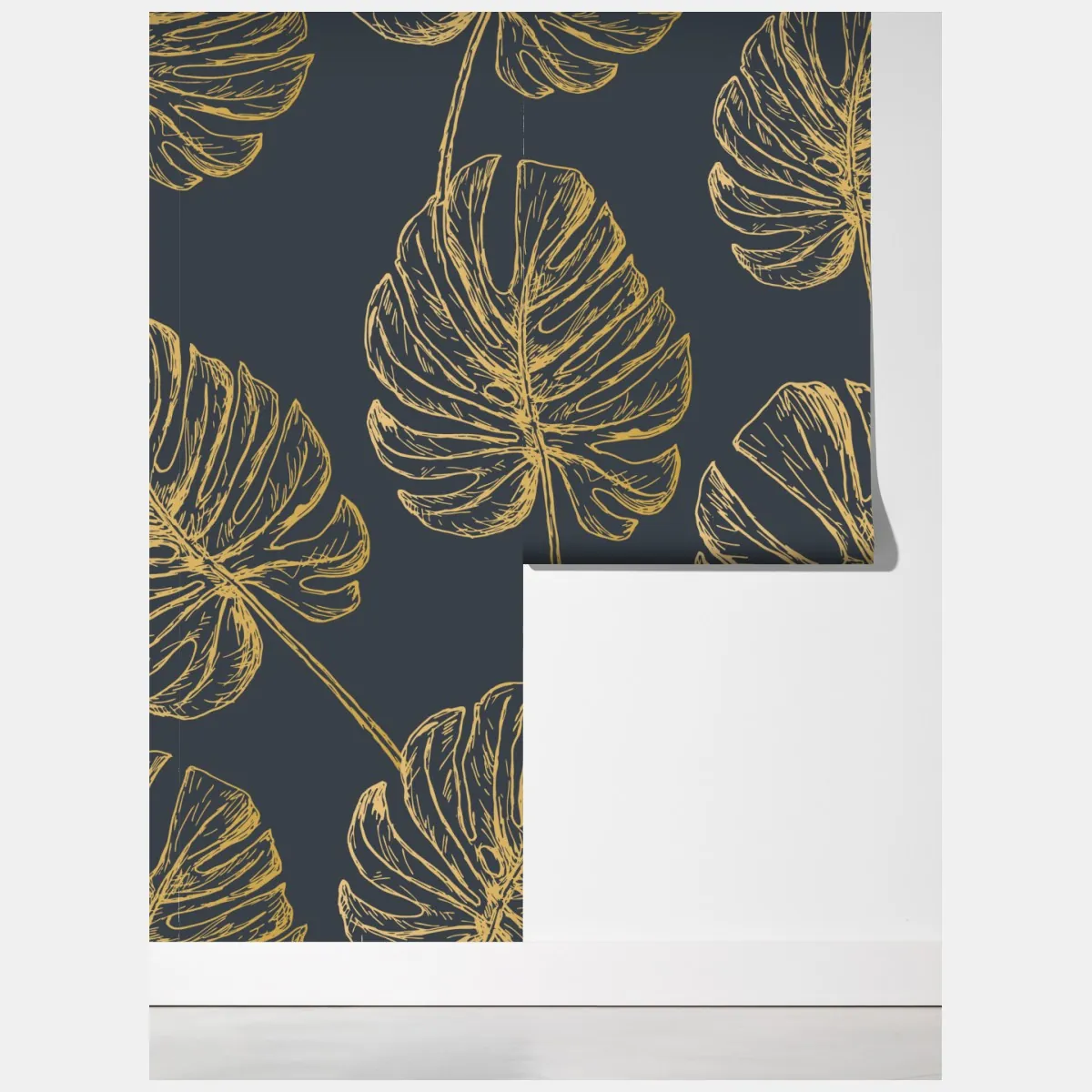 Fototapeta złote liście monstery na ciemnym tle – Wallissimo® Fototapeta złote liście monstery na ciemnym tle – Wallissimo®