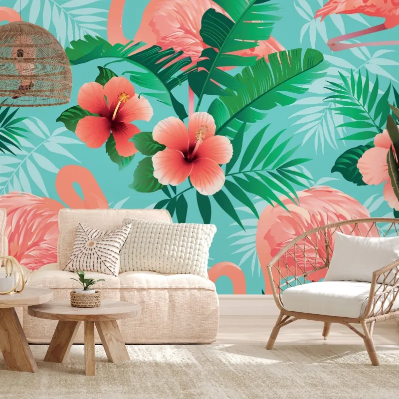 Fototapeta tropikalna oaza z flamingami – Wallissimo® Fototapeta tropikalna oaza z flamingami – Wallissimo®