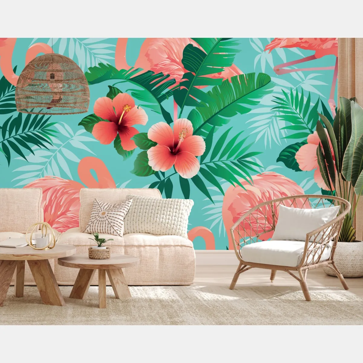 Fototapeta tropikalna oaza z flamingami – Wallissimo® Fototapeta tropikalna oaza z flamingami – Wallissimo®