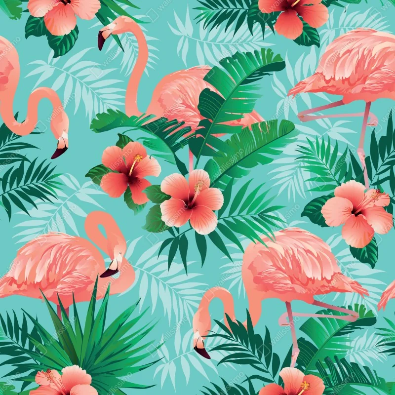 Fototapeta tropikalna oaza z flamingami – Wallissimo® Fototapeta tropikalna oaza z flamingami – Wallissimo®