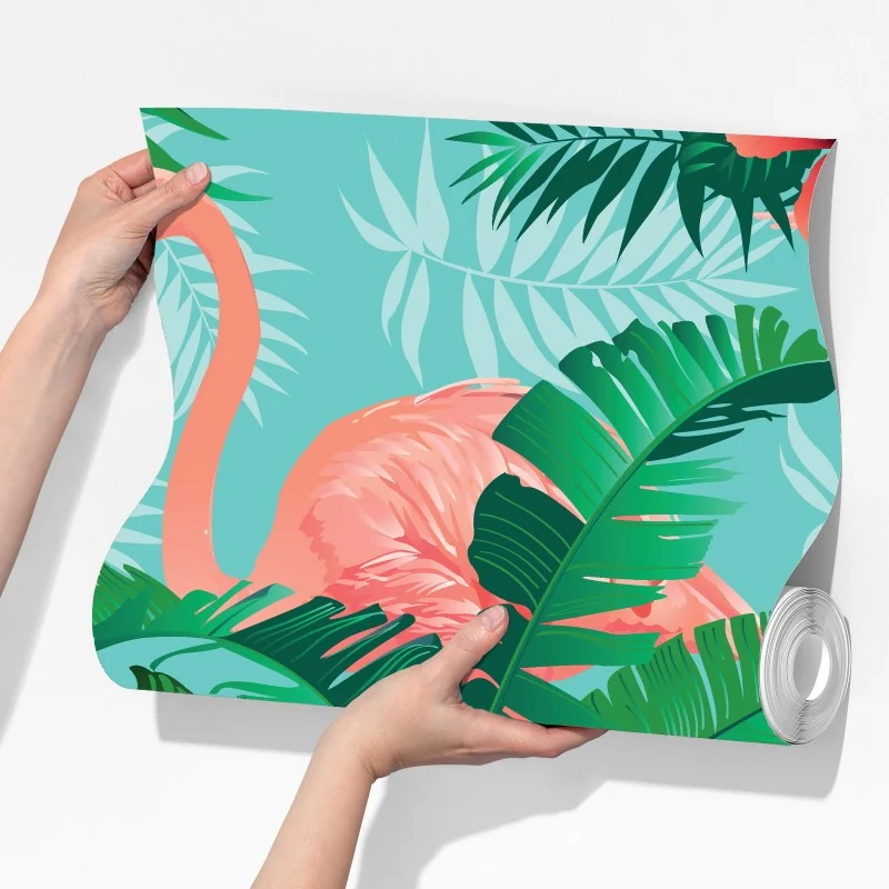 Fototapeta tropikalna oaza z flamingami – Wallissimo® Fototapeta tropikalna oaza z flamingami – Wallissimo®