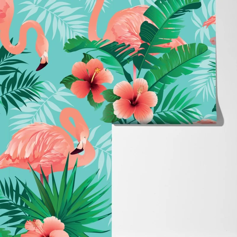 Fototapeta tropikalna oaza z flamingami – Wallissimo® Fototapeta tropikalna oaza z flamingami – Wallissimo®