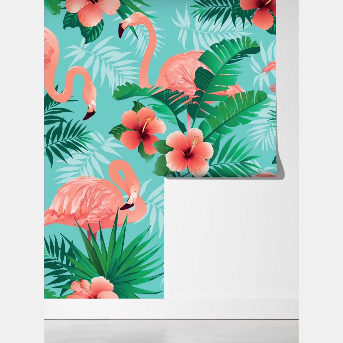 Fototapeta tropikalna oaza z flamingami – Wallissimo® Fototapeta tropikalna oaza z flamingami – Wallissimo®