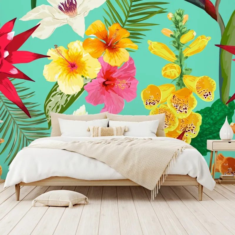 Fototapeta tropikalne kwiaty na turkusowym tle