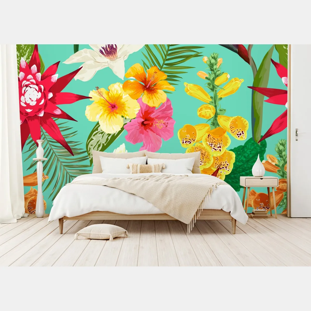 Fototapeta tropikalne kwiaty na turkusowym tle – Wallissimo® Fototapeta tropikalne kwiaty na turkusowym tle – Wallissimo®