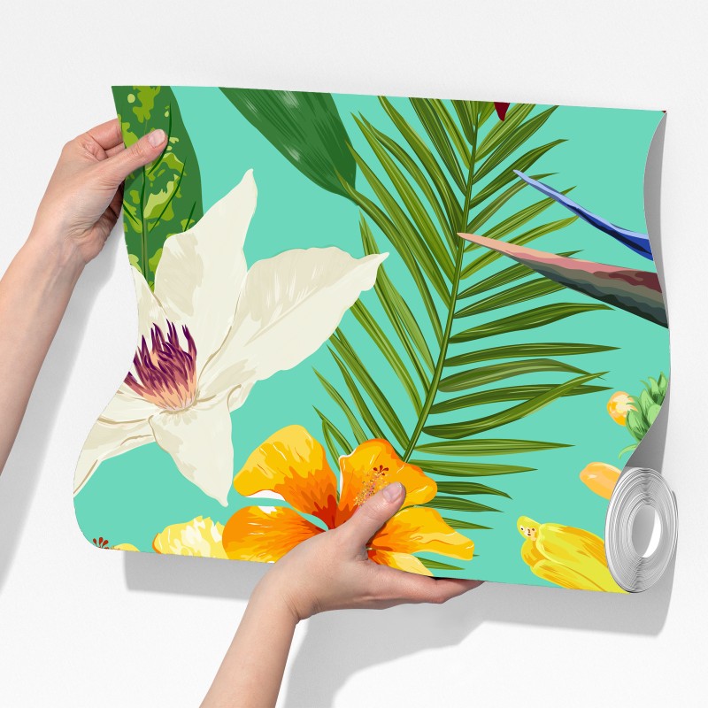 Fototapeta tropikalne kwiaty na turkusowym tle – Wallissimo® Fototapeta tropikalne kwiaty na turkusowym tle – Wallissimo®