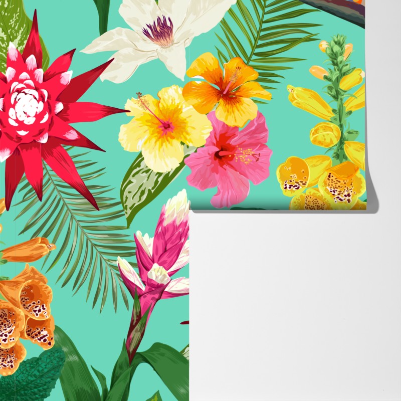 Fototapeta tropikalne kwiaty na turkusowym tle – Wallissimo® Fototapeta tropikalne kwiaty na turkusowym tle – Wallissimo®