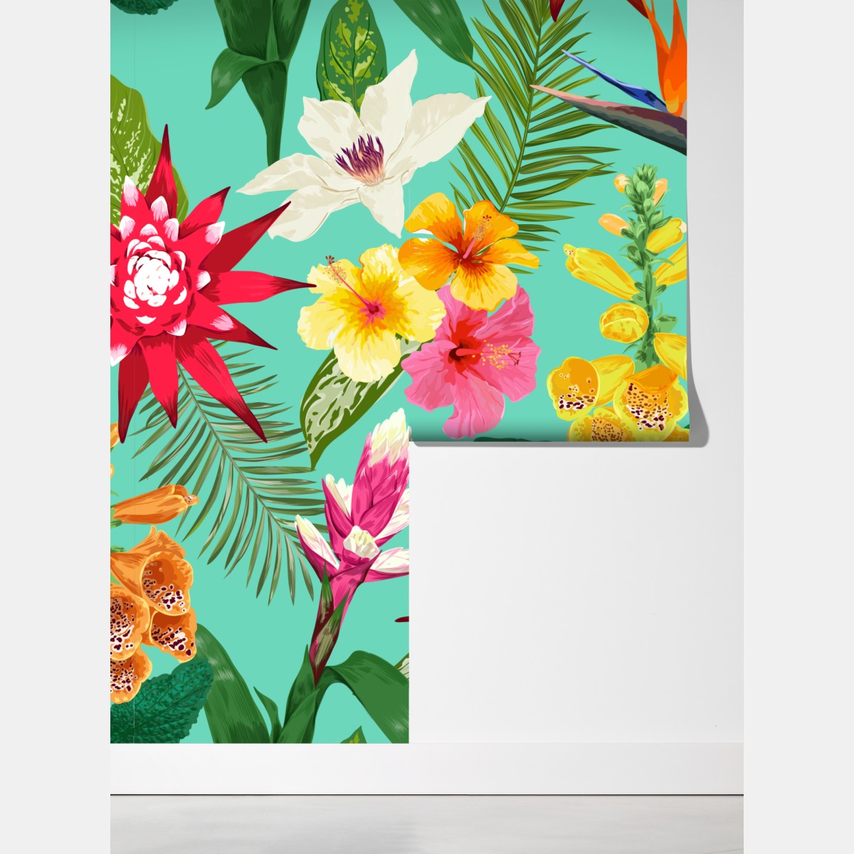 Fototapeta tropikalne kwiaty na turkusowym tle – Wallissimo® Fototapeta tropikalne kwiaty na turkusowym tle – Wallissimo®