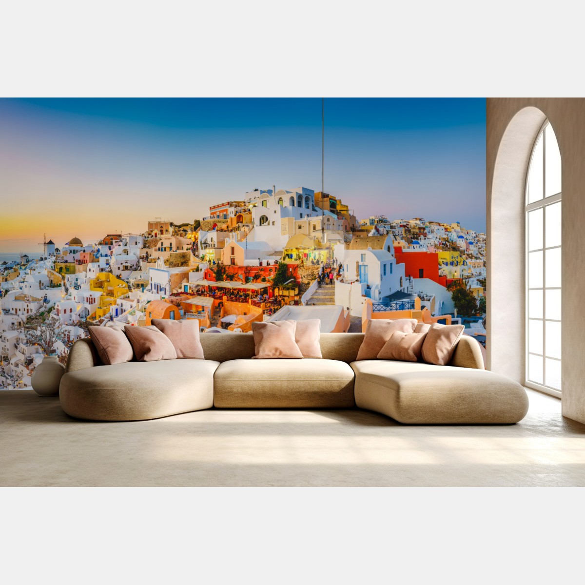 Wall mural sunset over Santorini village panoramic view