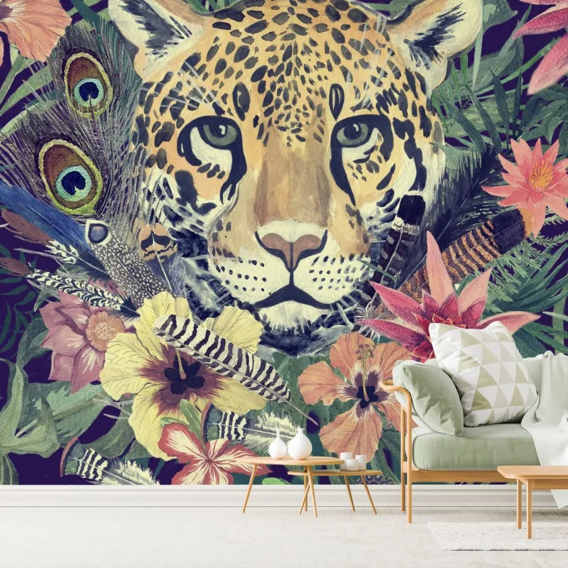 Fototapeta vintage akwarelowy lampart w tropikalnych liściach