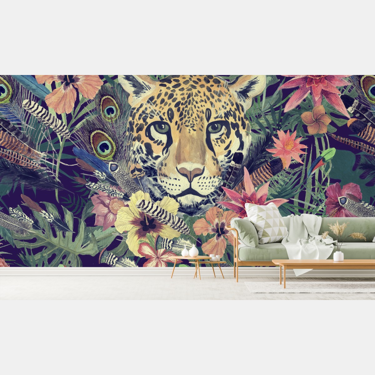 Wall mural vintage watercolor leopard in tropical foliage